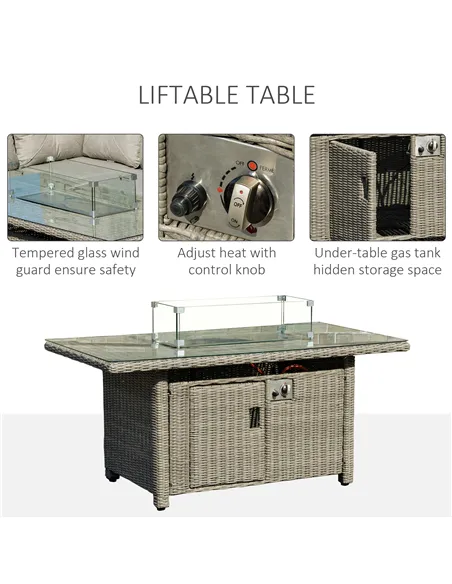 Outsunny 8-Seater Outdoor PE Rattan Sofa Set Conversation Set w/ Fire Pit Table, L-Shape Sofa, Footstool and Furniture Cover