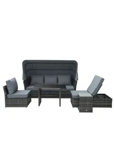 Outsunny 5 PCS Outdoor Rattan Wicker Sofa Sets Reclining Sofa Adjustable Canopy & Side Table Dining Table Set Sectional Conversa