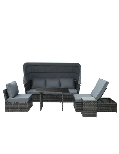 Outsunny 5 PCS Outdoor Rattan Wicker Sofa Sets Reclining Sofa Adjustable Canopy & Side Table Dining Table Set Sectional Conversa