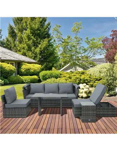 Outsunny 5 PCS Outdoor Rattan Wicker Sofa Sets Reclining Sofa Adjustable Canopy & Side Table Dining Table Set Sectional Conversa