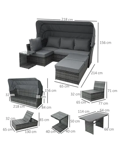 Outsunny 5 PCS Outdoor Rattan Wicker Sofa Sets Reclining Sofa Adjustable Canopy & Side Table Dining Table Set Sectional Conversa