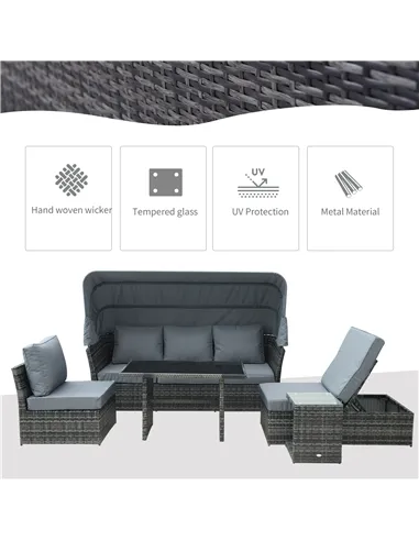 Outsunny 5 PCS Outdoor Rattan Wicker Sofa Sets Reclining Sofa Adjustable Canopy & Side Table Dining Table Set Sectional Conversa