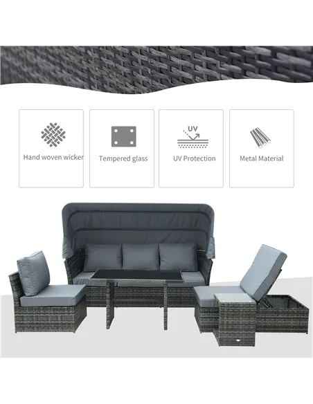 Outsunny 5 PCS Outdoor Rattan Wicker Sofa Sets Reclining Sofa Adjustable Canopy & Side Table Dining Table Set Sectional Conversa