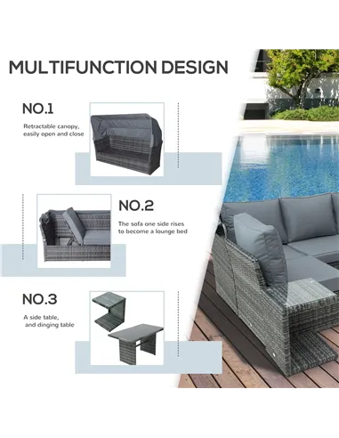 Outsunny 5 PCS Outdoor Rattan Wicker Sofa Sets Reclining Sofa Adjustable Canopy & Side Table Dining Table Set Sectional Conversa