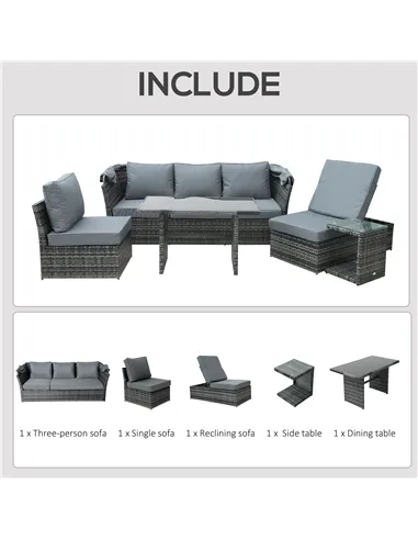 Outsunny 5 PCS Outdoor Rattan Wicker Sofa Sets Reclining Sofa Adjustable Canopy & Side Table Dining Table Set Sectional Conversa