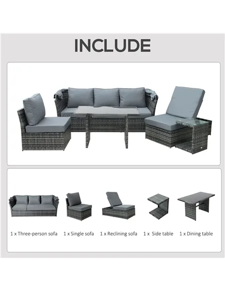 Outsunny 5 PCS Outdoor Rattan Wicker Sofa Sets Reclining Sofa Adjustable Canopy & Side Table Dining Table Set Sectional Conversa
