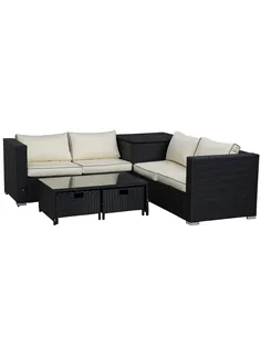 Outsunny 4 Pieces Rattan Garden Furniture Set, 4 Seater Corner Sofa Set with Storage Box, 2 Drawers Coffee Table, Loveseats with