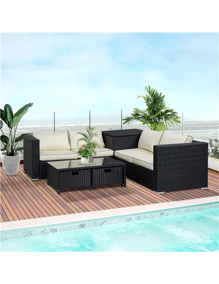 Outsunny 4 Pieces Rattan Garden Furniture Set, 4 Seater Corner Sofa Set with Storage Box, 2 Drawers Coffee Table, Loveseats with