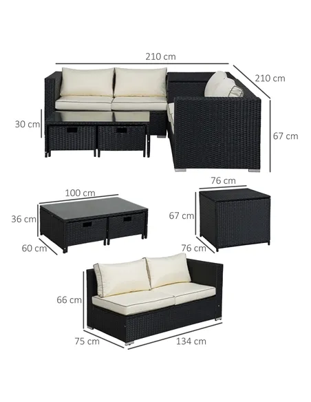 Outsunny 4 Pieces Rattan Garden Furniture Set, 4 Seater Corner Sofa Set with Storage Box, 2 Drawers Coffee Table, Loveseats with