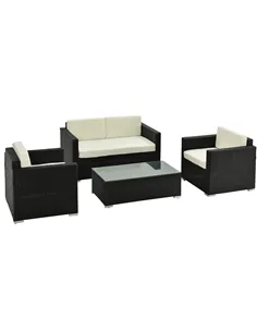 Outsunny 4-Seater Rattan Sofa Set Garden Rattan Furniture Wicker Steel Chair Seat Furniture Patio Rattan Garden Sofa Black