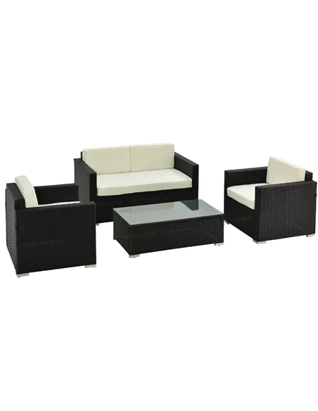 Outsunny 4-Seater Rattan Sofa Set Garden Rattan Furniture Wicker Steel Chair Seat Furniture Patio Rattan Garden Sofa Black