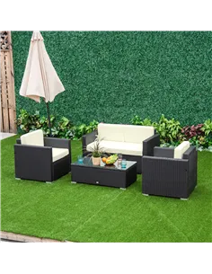 Outsunny 4-Seater Rattan Sofa Set Garden Rattan Furniture Wicker Steel Chair Seat Furniture Patio Rattan Garden Sofa Black 2