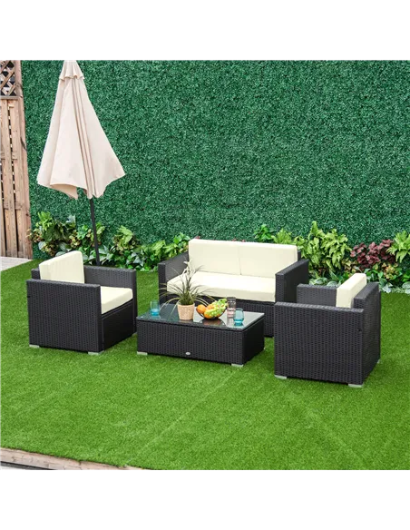 Outsunny 4-Seater Rattan Sofa Set Garden Rattan Furniture Wicker Steel Chair Seat Furniture Patio Rattan Garden Sofa Black