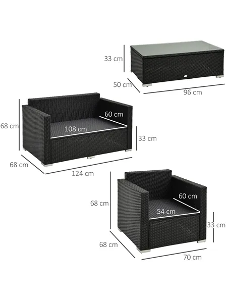 Outsunny 4-Seater Rattan Sofa Set Garden Rattan Furniture Wicker Steel Chair Seat Furniture Patio Rattan Garden Sofa Black