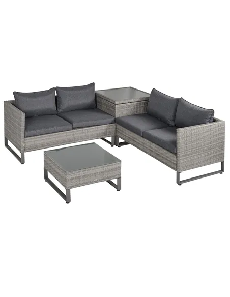 Outsunny 4 Pieces Rattan Garden Furniture Set, 4 Seater Garden Sofa Set with Storage Box, Loveseats and Glass Top Table, Wicker 