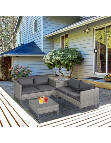 Outsunny 4 Pieces Rattan Garden Furniture Set, 4 Seater Garden Sofa Set with Storage Box, Loveseats and Glass Top Table, Wicker 