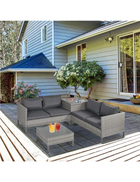 Outsunny 4 Pieces Rattan Garden Furniture Set, 4 Seater Garden Sofa Set with Storage Box, Loveseats and Glass Top Table, Wicker 