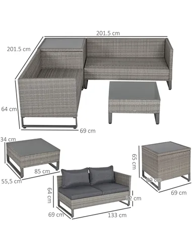 Outsunny 4 Pieces Rattan Garden Furniture Set, 4 Seater Garden Sofa Set with Storage Box, Loveseats and Glass Top Table, Wicker 