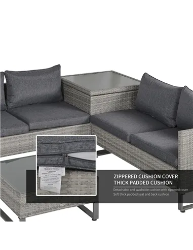 Outsunny 4 Pieces Rattan Garden Furniture Set, 4 Seater Garden Sofa Set with Storage Box, Loveseats and Glass Top Table, Wicker 