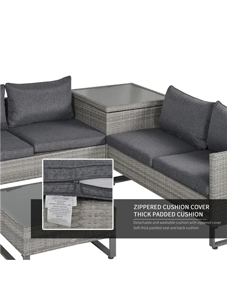 Outsunny 4 Pieces Rattan Garden Furniture Set, 4 Seater Garden Sofa Set with Storage Box, Loveseats and Glass Top Table, Wicker 