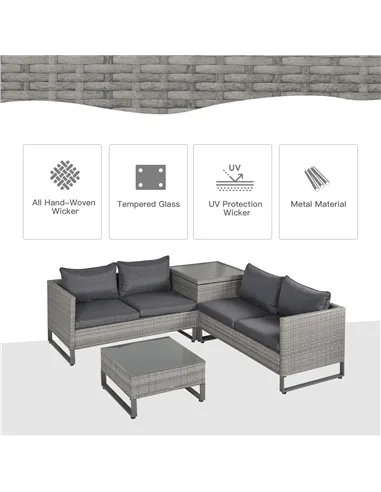 Outsunny 4 Pieces Rattan Garden Furniture Set, 4 Seater Garden Sofa Set with Storage Box, Loveseats and Glass Top Table, Wicker 