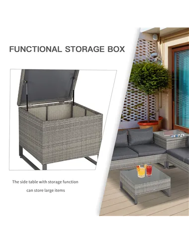Outsunny 4 Pieces Rattan Garden Furniture Set, 4 Seater Garden Sofa Set with Storage Box, Loveseats and Glass Top Table, Wicker 