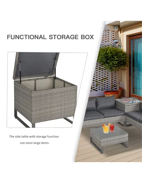 Outsunny 4 Pieces Rattan Garden Furniture Set, 4 Seater Garden Sofa Set with Storage Box, Loveseats and Glass Top Table, Wicker 
