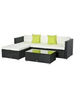 Outsunny 4-Seater Rattan Sofa Set Set Garden Outdoor Sectional Sofa Coffee Table Metal Frame w/Cushion Pillows-Black