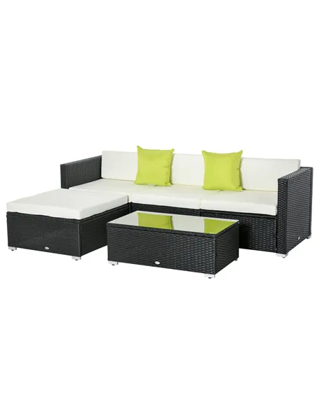 Outsunny 4-Seater Rattan Sofa Set Set Garden Outdoor Sectional Sofa Coffee Table Metal Frame w/Cushion Pillows-Black