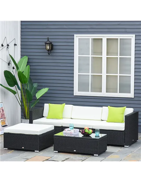 Outsunny 4-Seater Rattan Sofa Set Set Garden Outdoor Sectional Sofa Coffee Table Metal Frame w/Cushion Pillows-Black