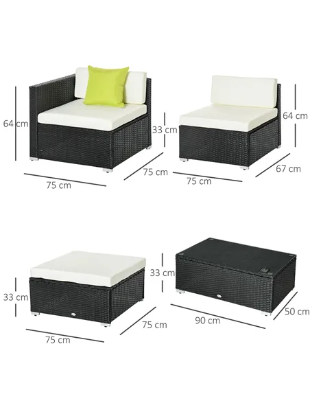 Outsunny 4-Seater Rattan Sofa Set Set Garden Outdoor Sectional Sofa Coffee Table Metal Frame w/Cushion Pillows-Black