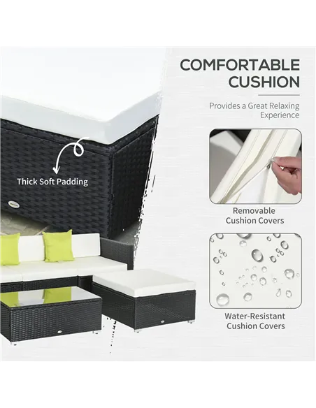 Outsunny 4-Seater Rattan Sofa Set Set Garden Outdoor Sectional Sofa Coffee Table Metal Frame w/Cushion Pillows-Black