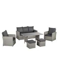 Outsunny Six-Piece Rattan Sofa Set, with Glass-Top Table - Mixed Grey