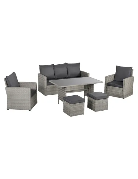 Outsunny Six-Piece Rattan Sofa Set, with Glass-Top Table - Mixed Grey