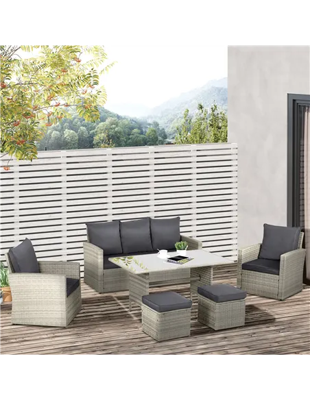 Outsunny Six-Piece Rattan Sofa Set, with Glass-Top Table - Mixed Grey