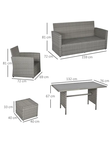 Outsunny Six-Piece Rattan Sofa Set, with Glass-Top Table - Mixed Grey
