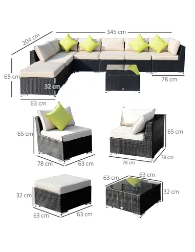 Outsunny 8 Piece Rattan Corner Sofa Set with Wide & Deep Seat, Assembled Aluminium PE Rattan Garden Furniture Set with Thick Cus