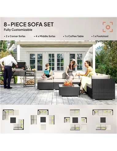 Outsunny 8 Piece Rattan Corner Sofa Set with Wide & Deep Seat, Assembled Aluminium PE Rattan Garden Furniture Set with Thick Cus