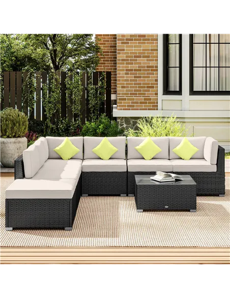 Outsunny 8 Piece Rattan Corner Sofa Set with Wide & Deep Seat, Assembled Aluminium PE Rattan Garden Furniture Set with Thick Cus