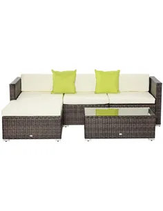 Outsunny 4-Seater Rattan Sofa Set Garden Outdoor Sectional Sofa Coffee Table Combo Patio Furniture-Brown