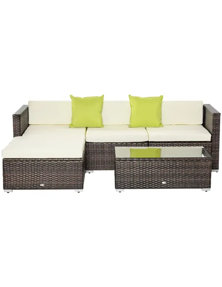 Outsunny 4-Seater Rattan Sofa Set Garden Outdoor Sectional Sofa Coffee Table Combo Patio Furniture-Brown