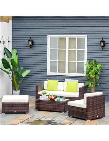 Outsunny 4-Seater Rattan Sofa Set Garden Outdoor Sectional Sofa Coffee Table Combo Patio Furniture-Brown