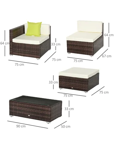 Outsunny 4-Seater Rattan Sofa Set Garden Outdoor Sectional Sofa Coffee Table Combo Patio Furniture-Brown