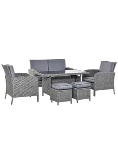 Outsunny 6 Pieces Rattan Garden Furniture Set, 6 Seater Garden Sofa Set with Glass Top Dining Table, Loveseat, 2 Armchairs and O