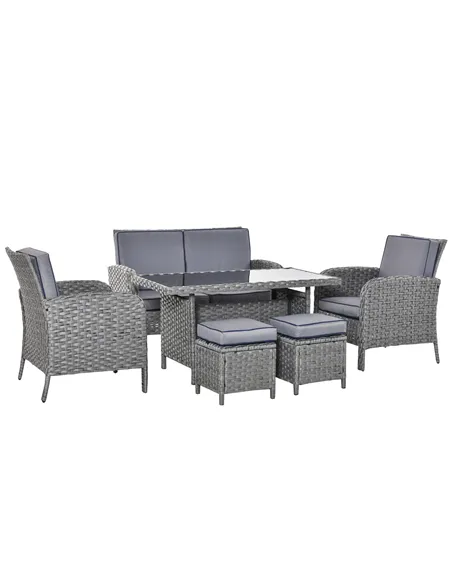 Outsunny 6 Pieces Rattan Garden Furniture Set, 6 Seater Garden Sofa Set with Glass Top Dining Table, Loveseat, 2 Armchairs and O