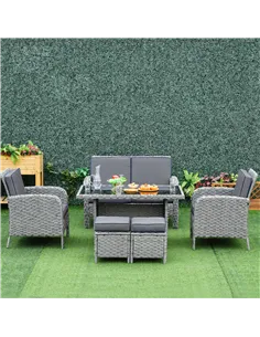 Outsunny 6 Pieces Rattan Garden Furniture Set, 6 Seater Garden Sofa Set with Glass Top Dining Table, Loveseat, 2 Armchairs and O 2