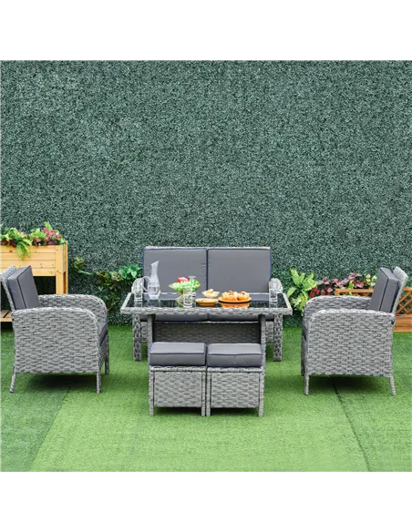 Outsunny 6 Pieces Rattan Garden Furniture Set, 6 Seater Garden Sofa Set with Glass Top Dining Table, Loveseat, 2 Armchairs and O