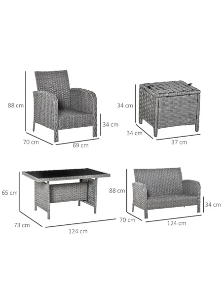 Outsunny 6 Pieces Rattan Garden Furniture Set, 6 Seater Garden Sofa Set with Glass Top Dining Table, Loveseat, 2 Armchairs and O