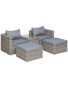 Outsunny 5 Piece Rattan Garden Furniture Set w/ 10cm Thick Cushions, Aluminium Frame Wicker Outdoor Balcony Sofa Set with Corner