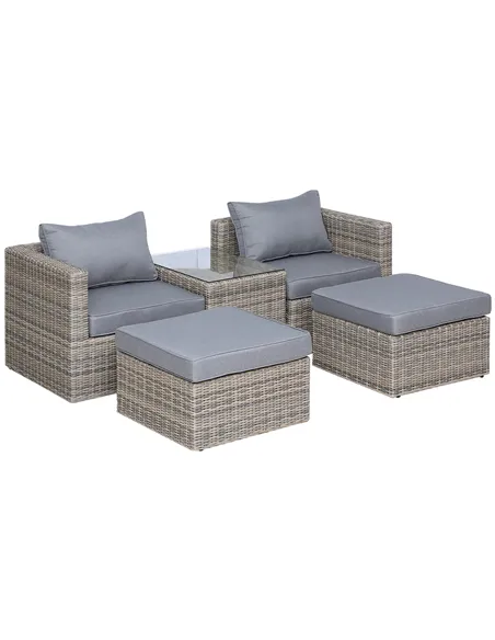 Outsunny 5 Piece Rattan Garden Furniture Set w/ 10cm Thick Cushions, Aluminium Frame Wicker Outdoor Balcony Sofa Set with Corner